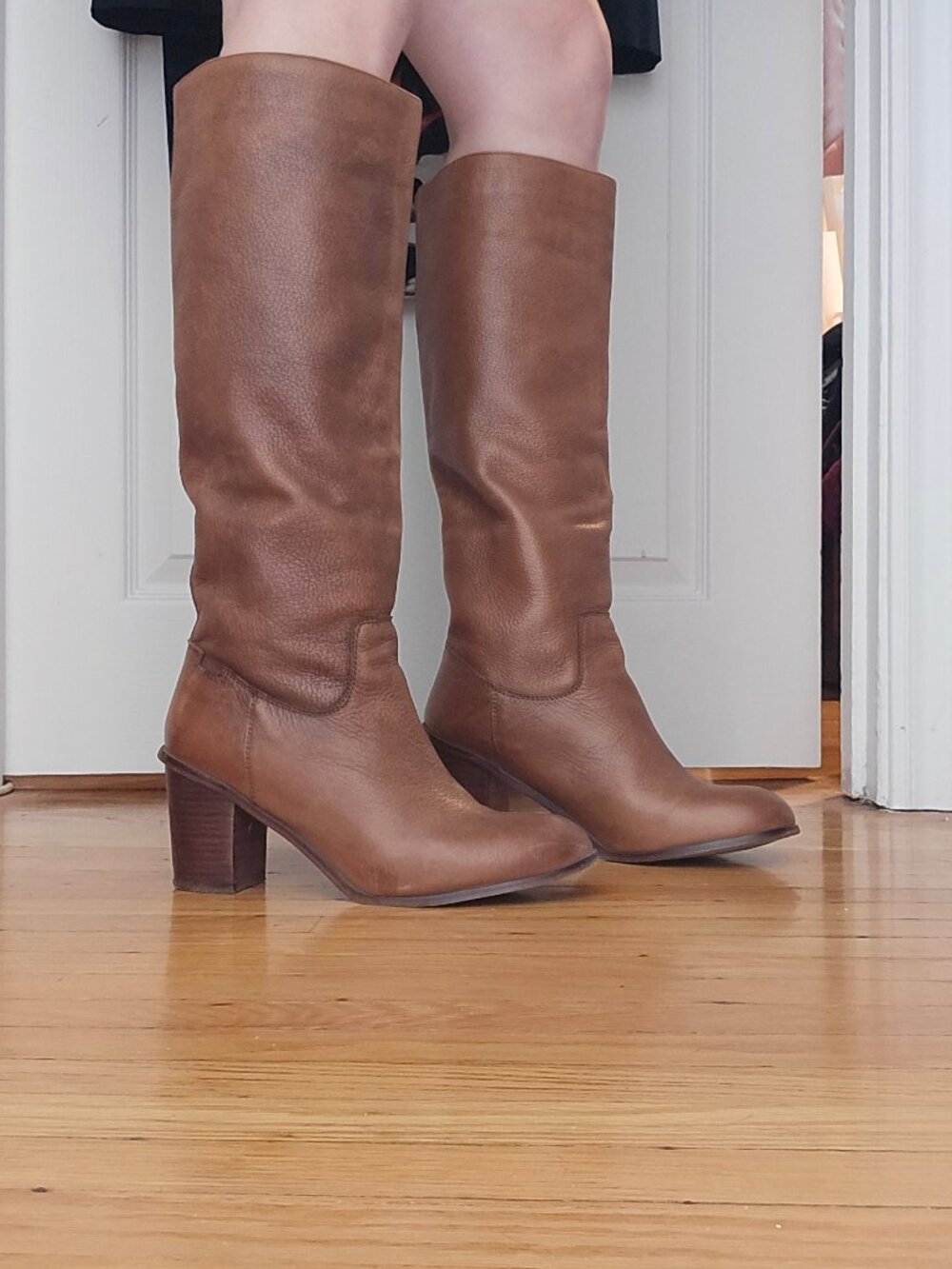 Knee high brown leather heeled campus boots